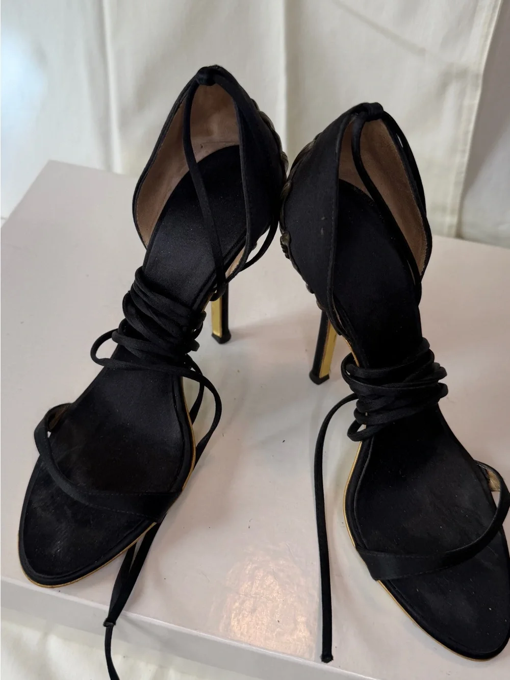 Roberto Cavalli Black Lace-Up Stiletto Heels with Gold Accent